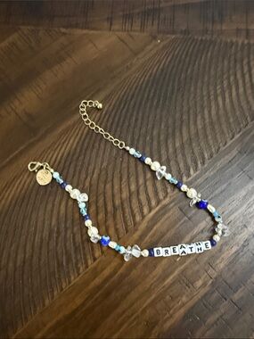 Little words project. Blue Beaded 'BREATHE' anklet with Gold Accents